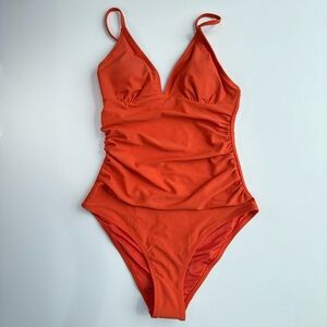 CUPSHE Bright Day Shirring V Neck One Piece Swimsuit Orange Size XS Summer‎ NWT